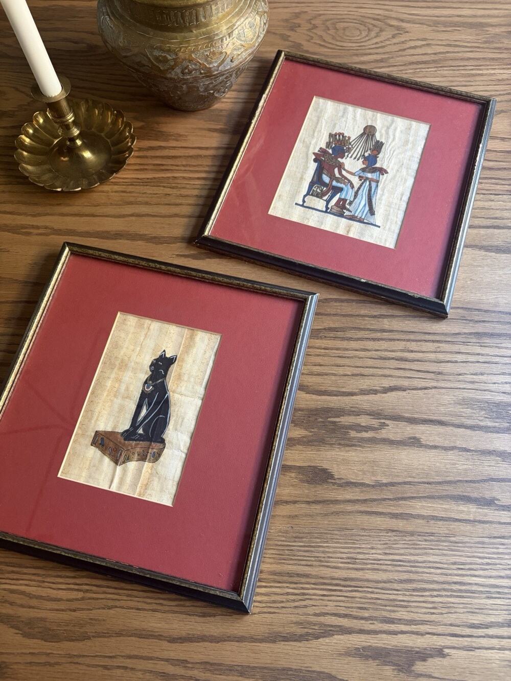 Vintage Egyptian Papyrus Painting Professionally Framed Egyptian Art Set of 2
